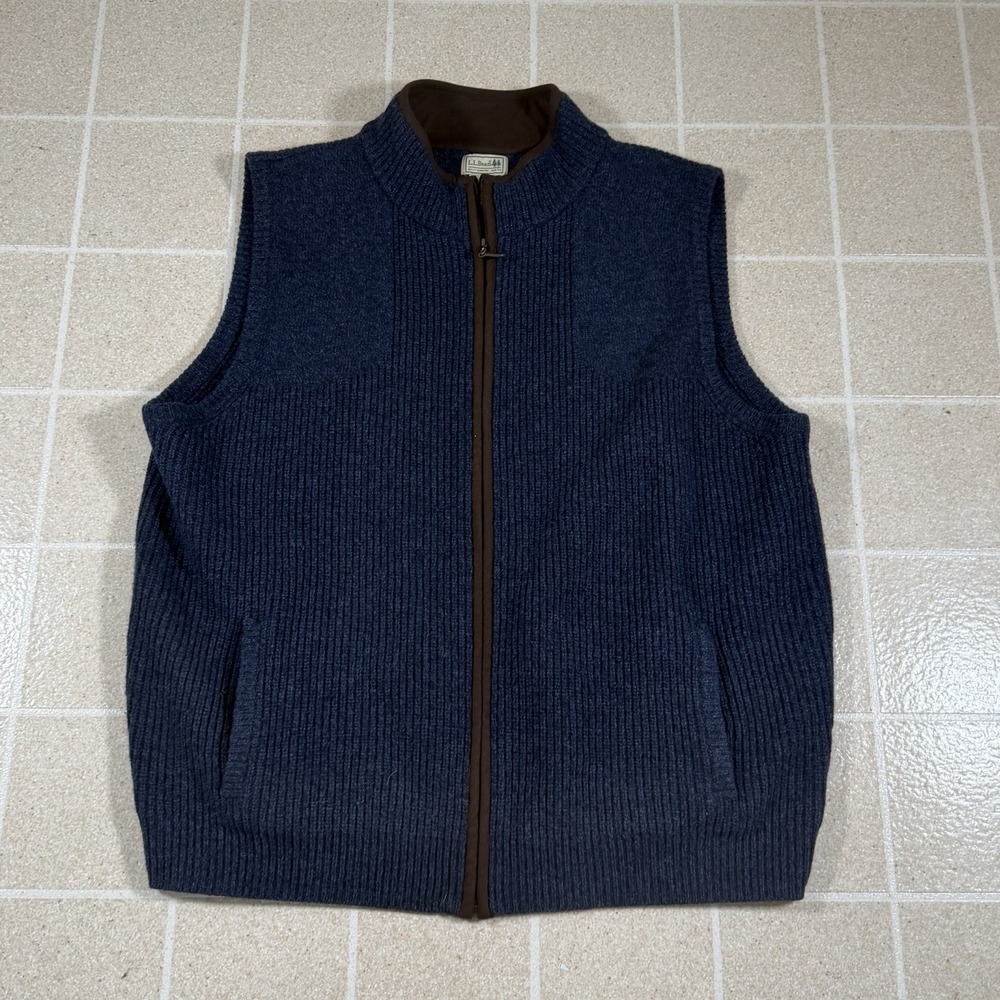 L.L.Bean Merino Lambswool Sweater Vest Mens 2XL Blue Full Zip Collared Pockets